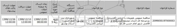 مناقصه عمومی همزمان با ارزیابی (فشرده) دو مرحله ای احداث مجتمع گردشگری و اقامتی شهر امام حسن فاز اول 