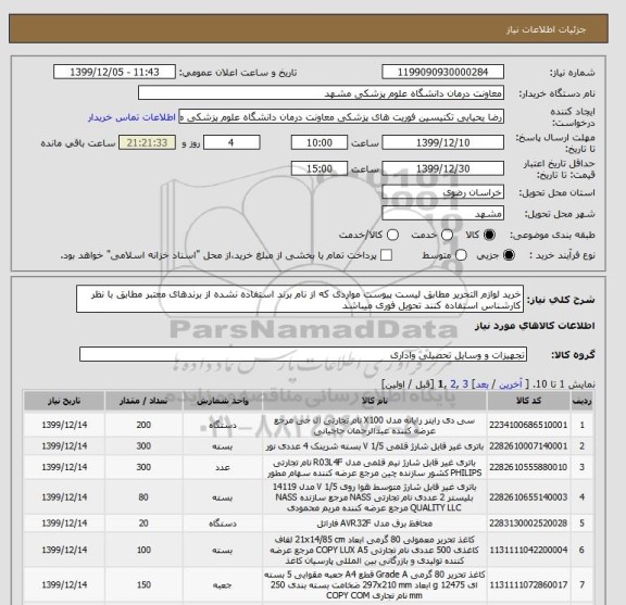 استعلام خرید لوازم التحریر مطابق لیست پیوست مواردی که از نام برند استفاده نشده از برندهای معتبر مطابق با نظر کارشناس استفاده کنند تحویل فوری میباشد