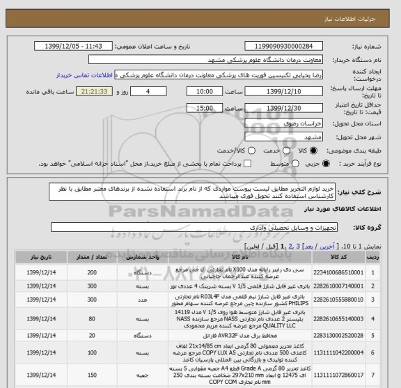 استعلام خرید لوازم التحریر مطابق لیست پیوست مواردی که از نام برند استفاده نشده از برندهای معتبر مطابق با نظر کارشناس استفاده کنند تحویل فوری میباشد