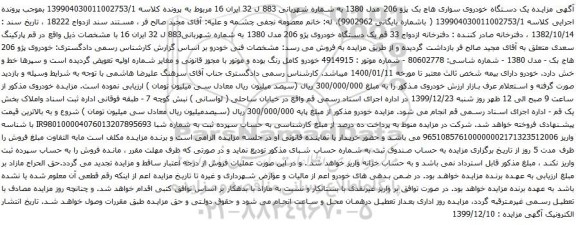 آگهی مزایده یک دستگاه خودروی سواری هاچ بک پژو 206