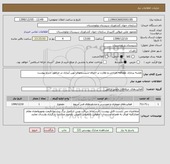 استعلام نقشه برداری ،مطالعه،طراحی،و نظارت بر اجرای سیستمهای نوین آبیاری در مناطق شرح پیوست