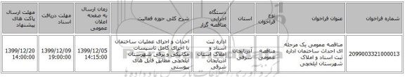 مناقصه عمومی یک مرحله ای احداث ساختمان اداره ثبت اسناد و املاک شهرستان ایلخچی