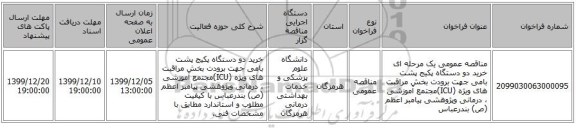 مناقصه عمومی یک مرحله ای خرید دو دستگاه پکیج  پشت  بامی جهت برودت  بخش مراقبت های ویژه (ICU)مجتمع آموزشی ، درمانی وپژوهشی پیامبر اعظم (ص) بندرعباس