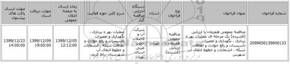 مناقصه عمومی همزمان با ارزیابی (فشرده) یک مرحله ای عملیات بهر ه برداری ، نگهداری و تعمیرات تاسیسات و رفع حوادث و اتفاقات شبکه ، انشعابات و خطوط انتقال آب شهرس