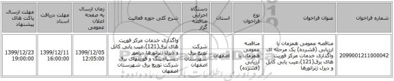 مناقصه عمومی همزمان با ارزیابی (فشرده) یک مرحله ای واگذاری خدمات مرکز فوریت های برق(121)،عیب یابی کابل و دیزل ژنراتورها