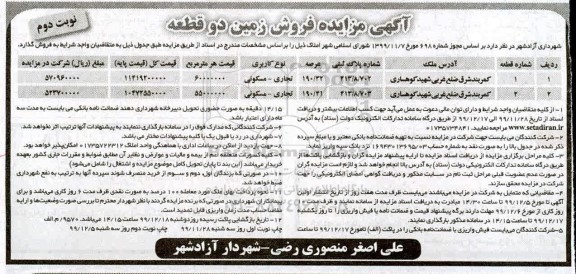 مزایده،مزایده فروش زمین دو قطعه تجاری و مسکونی نوبت دوم