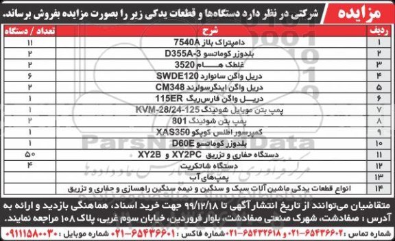 مزایده دستگاه ها و قطعات یدکی