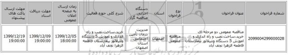 مناقصه عمومی دو مرحله ای خرید،ساخت،نصب و راه اندازی و اموزش 5 دستگاه ونتیلاتور بیمارستان فاطمه الزهرا نجف آباد