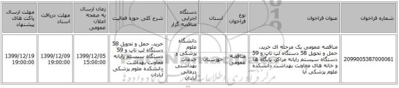 مناقصه عمومی یک مرحله ای خرید، حمل و تحویل 58 دستگاه لپ تاپ و 59 دستگاه سیستم رایانه مراکز، پایگاه ها و خانه های  معاونت بهداشت دانشکده علوم پزشکی آبا