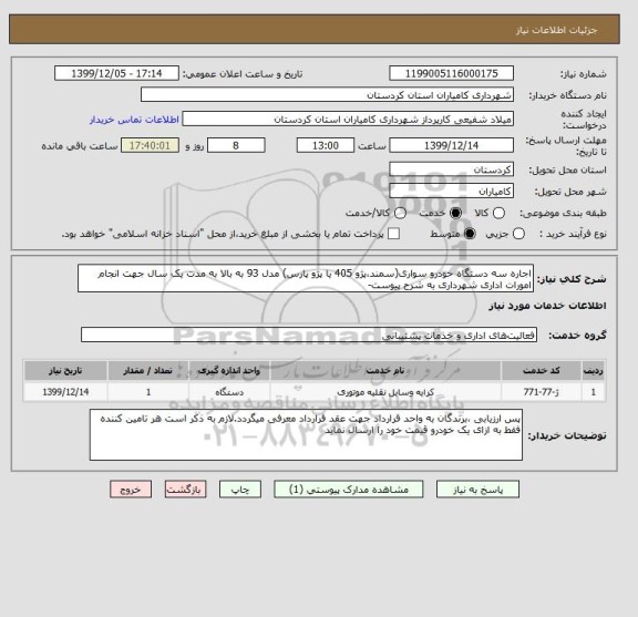 استعلام اجاره سه دستگاه خودرو سواری(سمند،پژو 405 یا پژو پارس) مدل 93 به بالا به مدت یک سال جهت انجام امورات اداری شهرداری به شرح پیوست-