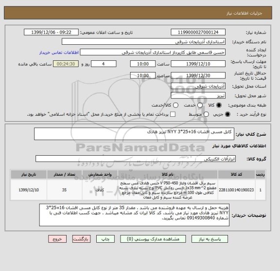 استعلام  کابل مسی افشان 16+25*3 NYY تبریز هادی