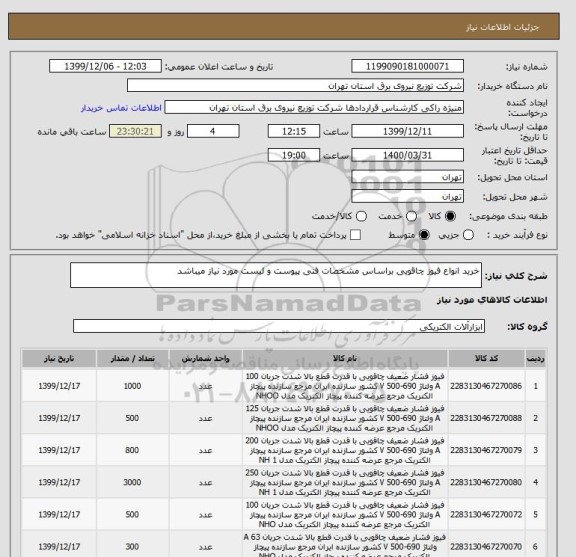استعلام خرید انواع فیوز چاقویی براساس مشخصات فنی پیوست و لیست مورد نیاز میباشد 