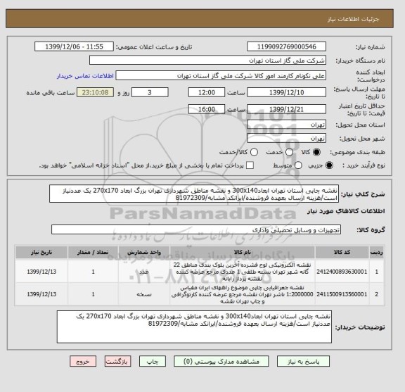 استعلام نقشه چاپی استان تهران ابعاد300x140 و نقشه مناطق شهرداری تهران بزرگ ابعاد 270x170 یک عددنیاز است/هزینه ارسال بعهده فروشنده/ایرانکد مشابه/81972309