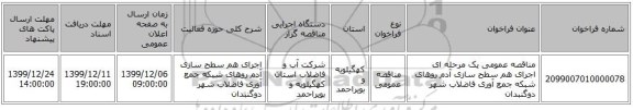 مناقصه عمومی یک مرحله ای اجرای هم سطح سازی آدم روهای شبکه جمع آوری فاضلاب شهر دوگنبدان