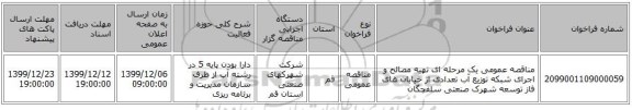مناقصه عمومی یک مرحله ای تهیه مصالح و اجرای شبکه توزیع آب تعدادی از خیابان های فاز توسعه شهرک صنعتی سلفچگان 
