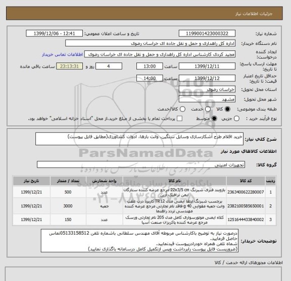 استعلام خرید اقلام طرح آشکارسازی وسایل سنگین، وانت بارها، ادوات کشاورزی(مطابق فایل پیوست)