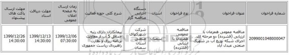مناقصه عمومی همزمان با ارزیابی (فشرده) دو مرحله ای اجرای شبکه توزیع آب در شهرک صنعتی عبدل آباد 