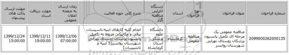 مناقصه عمومی یک مرحله ای تکمیل پانسیون پزشکان روستای نهرابی شهرستان روانسر