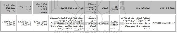 مناقصه عمومی یک مرحله ای احداث،دیوارکشی و محوطه سازی مرکز جامع سلامت روستایی درکه شهرستان صحنه