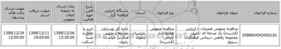 مناقصه عمومی همزمان با ارزیابی (فشرده) یک مرحله ای تکمیل مجموعه رفاهی -درمانی فرهنگیان سبزوار 