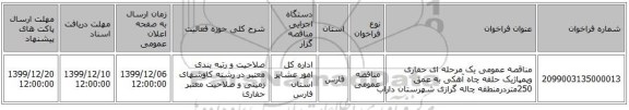 مناقصه عمومی یک مرحله ای  حفاری وپمپاژیک حلقه چاه آهکی به عمق 250متردرمنطقه چاله گرازی شهرستان داراب