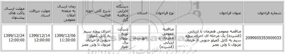 مناقصه عمومی همزمان با ارزیابی (فشرده) یک مرحله ای اجرای پروژه سیم به کابل کمپلو جنوبی از خیابان غزنوی تا ولی عصر 