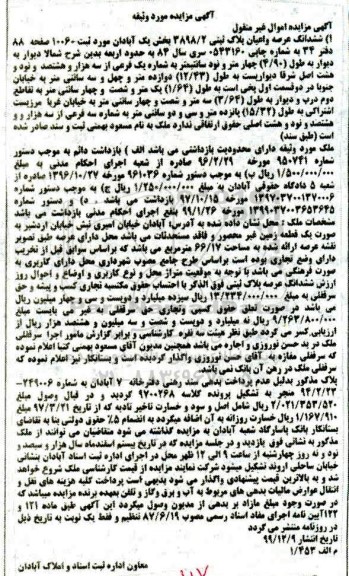 مزایده، مزایده ششدانگ عرصه و اعیان پلاک ثبتی