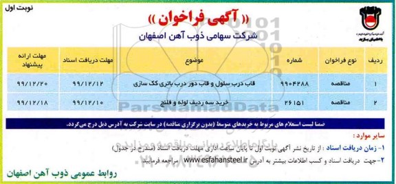 فراخوان قاب درب سلول و قاب دور درب باتری کک سازی 