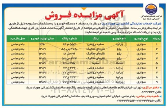 مزایده، مزایده فروش تعداد 9 دستگاه خودرو 