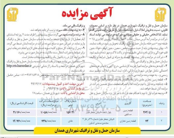 مزایده،مزایده فروش املاک زمین مسکونی و تجاری 