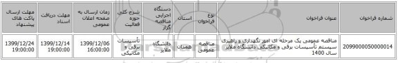 مناقصه عمومی یک مرحله ای امور نگهداری و راهبری سیستم تأسیسات برقی و مکانیکی دانشگاه  ملایر سال 1400