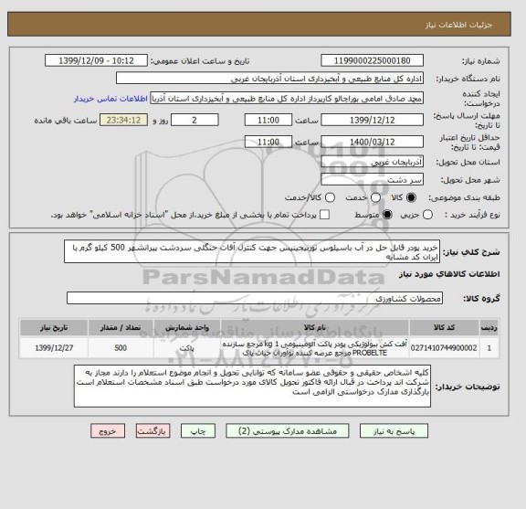 استعلام خرید پودر قابل حل در آب باسیلوس تورنیجینیس جهت کنترل آفات جنگلی سردشت پیرانشهر 500 کیلو گرم با ایران کد مشابه