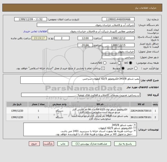 استعلام پمپ شناور 345/8-الکتروموتور 62/5 کیلووات-سرخس