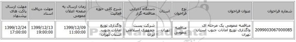 مناقصه عمومی یک مرحله ای واگذاری توزیع امانات جنوب استان تهران