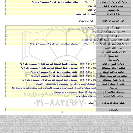 تهیه مصالح و احداث شبکه توزیع و تعذیه باقیمانده شهرستان زاهدان به روشpc