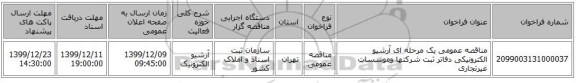 مناقصه عمومی یک مرحله ای آرشیو الکترونیکی دفاتر ثبت شرکتها وموسسات غیرتجاری