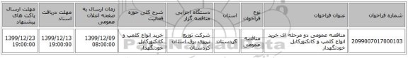 مناقصه عمومی دو مرحله ای خرید انواع کلمپ و کانکتورکابل خودنگهدار