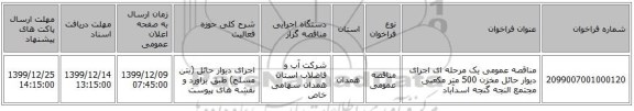 مناقصه عمومی یک مرحله ای اجرای دیوار حائل مخزن 500 متر مکعبی مجتمع النجه گنجه اسدآباد