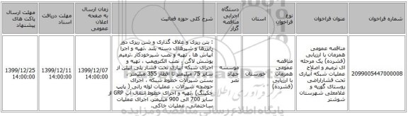 مناقصه عمومی همزمان با ارزیابی (فشرده) یک مرحله ای ترمیم و اصلاح عملیات  شبکه آبیاری تحت فشاراراضی روستای گوریه و غلامعلی شهرستان شوشتر