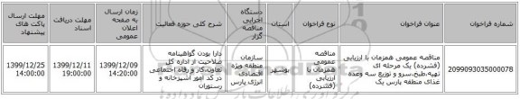 مناقصه عمومی همزمان با ارزیابی (فشرده) یک مرحله ای تهیه،طبخ،سرو و توزیع سه وعده غذای منطقه پارس یک