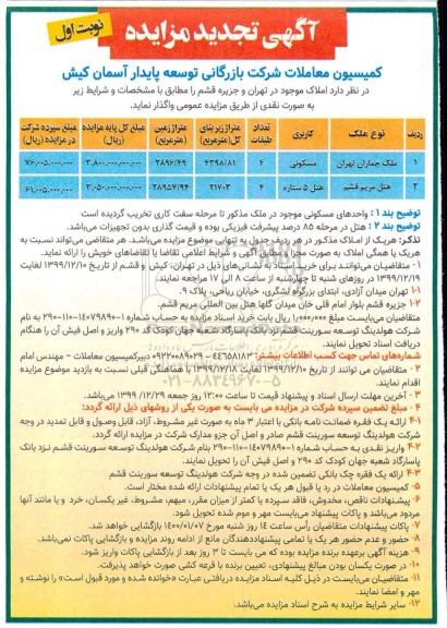 تجدید مزایده، تجدید مزایده واگذاری املاک 