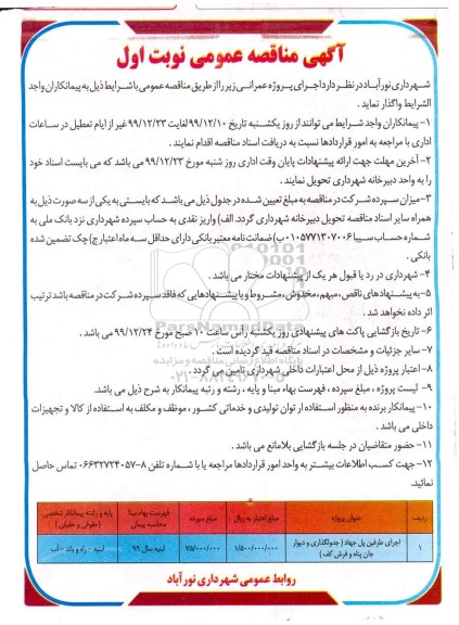 مناقصه عمومی, مناقصه اجرای طرفین پل جهاد (جدولگذاری و دیوار جان پناه و فرش کف)