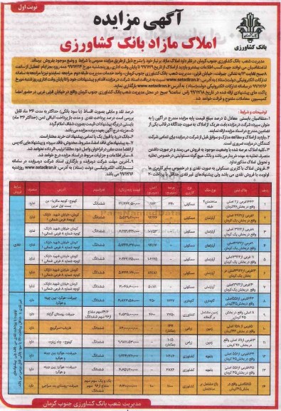 مزایده،مزایده فروش املاک مازاد مسکونی و کشاورزی نوبت اول 