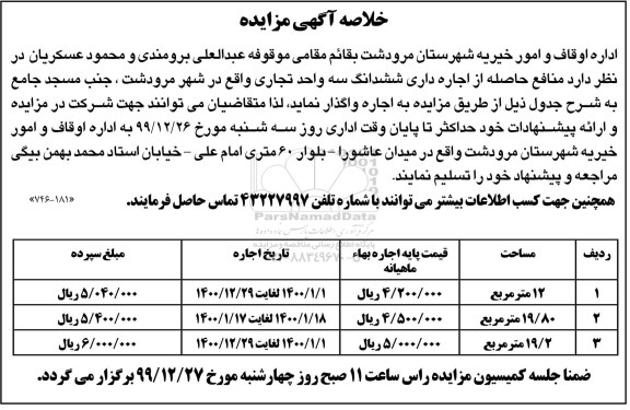 خلاصه اگهی مزایده , خلاصه آگهی مزایده اجاره داری ششدانگ یک واحد تجاری