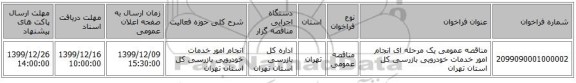 مناقصه عمومی یک مرحله ای انجام امور خدمات خودرویی بازرسی کل استان تهران