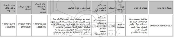 مناقصه عمومی یک مرحله ای خرید دو دستگاه دیگ آبگرم فولادی سه پاس کلینیک حباب بیمارستان افشار