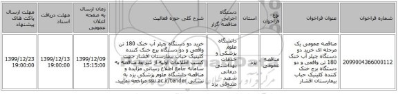 مناقصه عمومی یک مرحله ای خرید دو دستگاه چیلر آب خنک 180 تن واقعی و دو دستگاه برج خنک کننده کلینیک حباب بیمارستان افشار