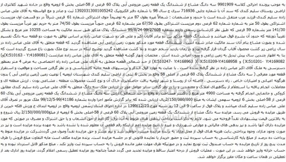 آگهی مزایده سه دانگ مشاع از ششدانگ یک قطعه زمین مزروعی آبی پلاک 60 