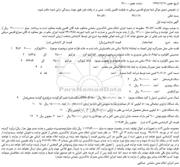 مزایده،مزایده فروش قفسه های حمل همبرگربه تونل انجماد به ابعاد95.75.185 سانتی متر مکعب و...