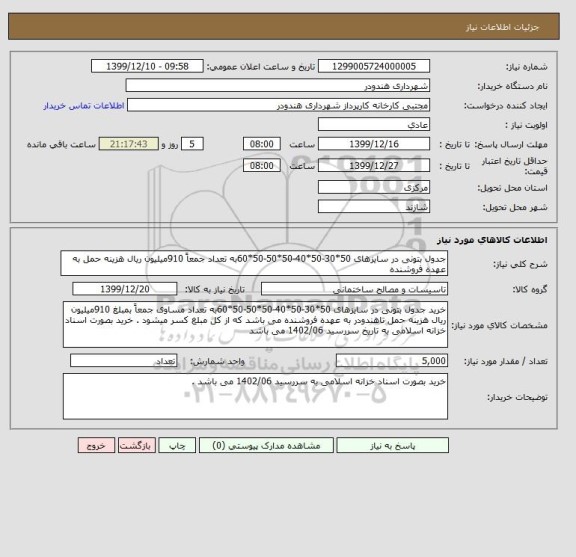 استعلام جدول بتونی در سایزهای 50*30-50*40-50*50-50*60به تعداد جمعاً 910میلیون ریال هزینه حمل به عهده فروشنده  